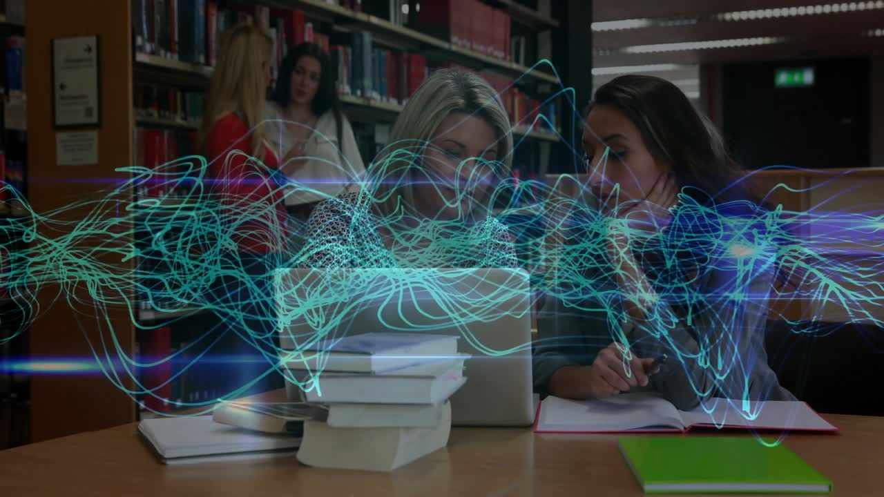 Two classmates typing and noting in library with animated waveform emerging guiding study work