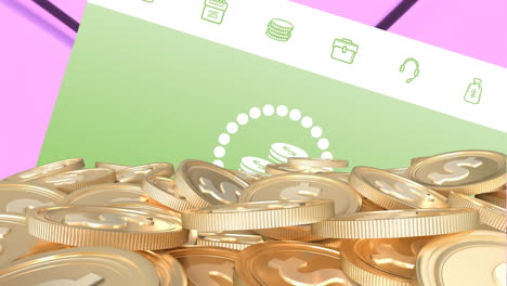 animación de monedas de dólar de oro sobre la pantalla con iconos digitales