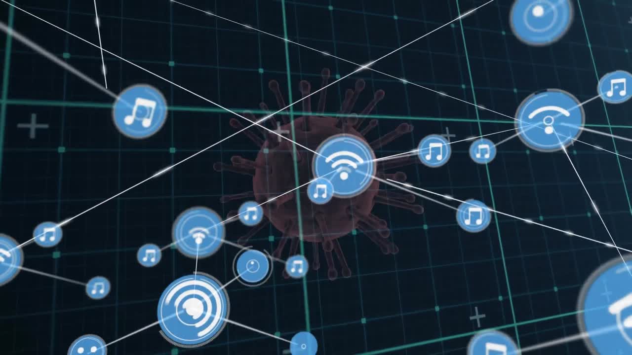 red de iconos digitales sobre red de red contra covid-19 celular girando sobre fondo negro