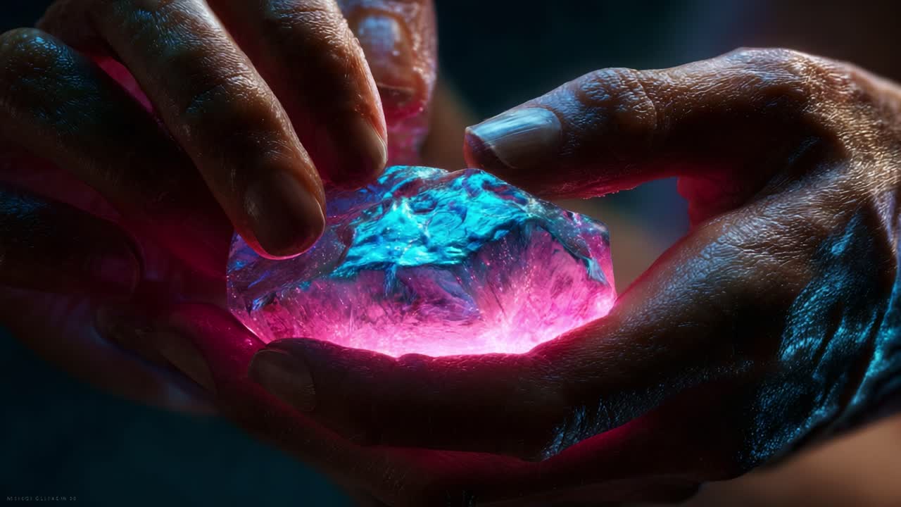 Captivating Crystal: A Glimmering Gem Reflecting Vivid Colors in a Hand, Highlighting Its Intricate Structure and Unmistakable Beauty of Light Play and Textural Detail
