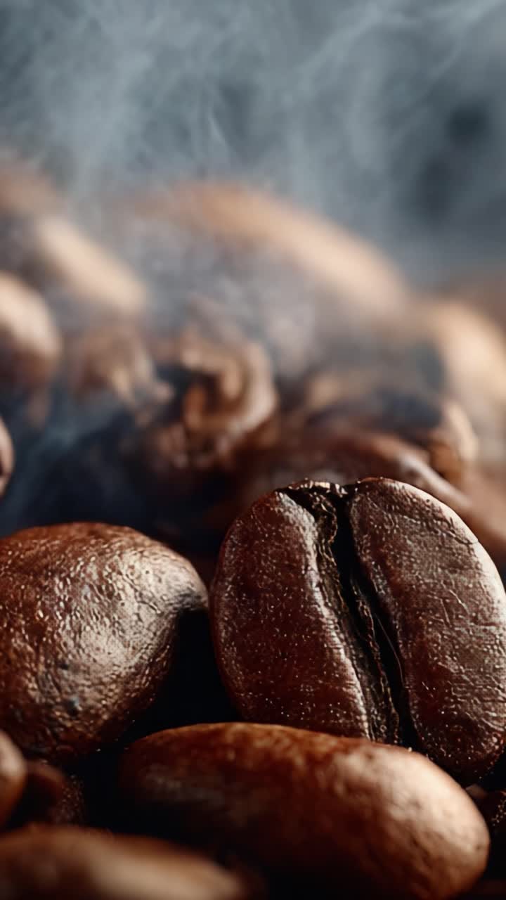 Et rigt nærbilledperspektiv af friskristede kaffebønner midt i en aromatisk hvirvel af damp, der fanger essensen af en forfriskende bryggeoplevelse