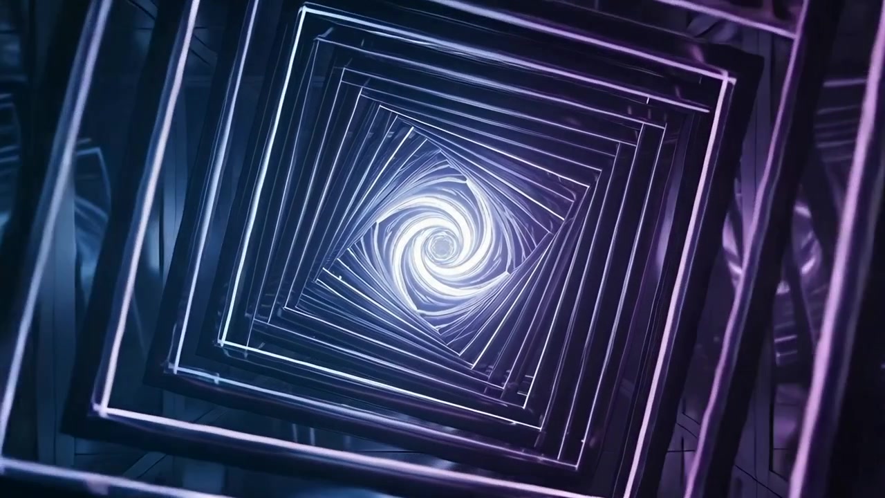 Glowing core driving rotating square spiral inward in CGI tunnel, neon rims, mirrors