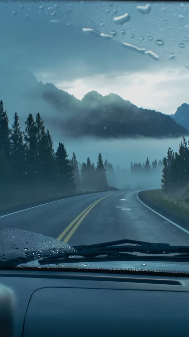 Vertical video: Showing windshield view moving on wet mountain road, rain making wiper sweep drops