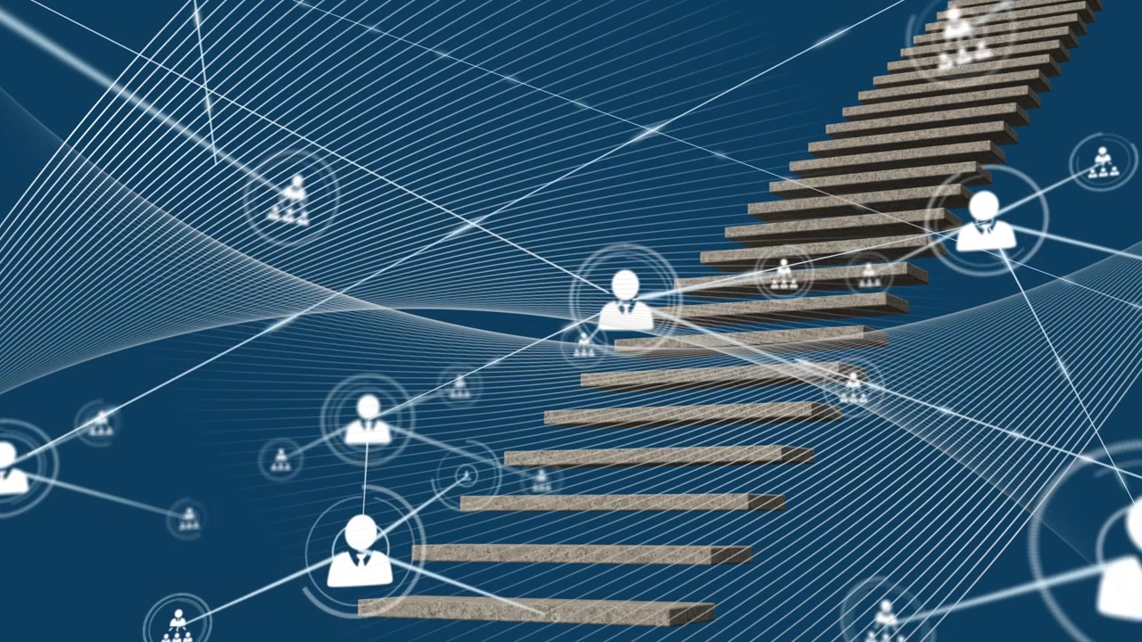 Animation of network of profile icons over digital wave and stairs icon against blue background