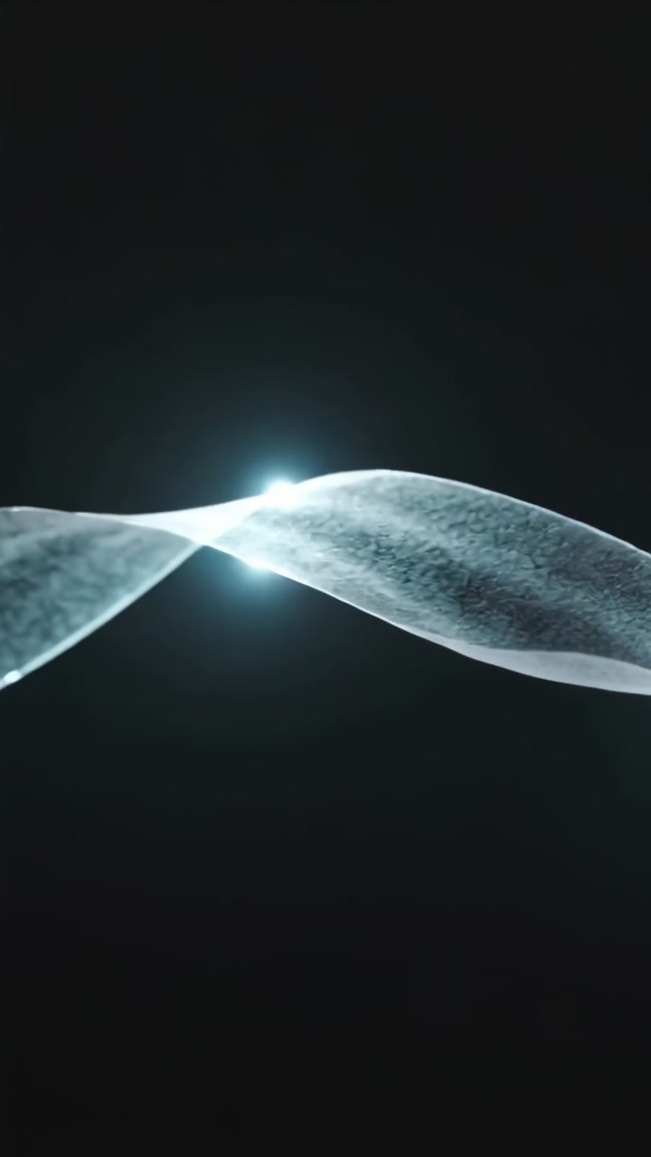 Vertical video: Frames starting glowing ribbon undulating on black void, nodes simulating waveform