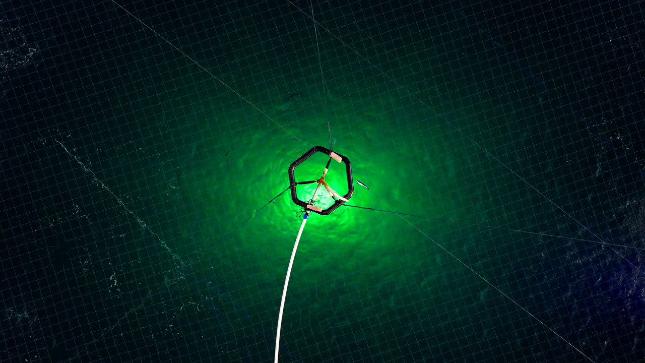 Top down night aerial over jumping salmon in aquafarm pen with illuminated water