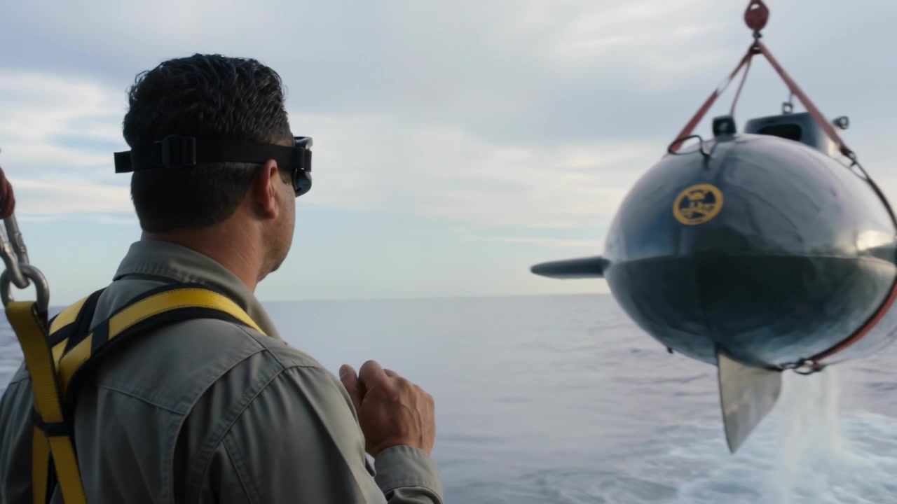 Marinaio imbracato che segnala, osserva la gru che cala un siluro AUV con cinghie rosse dal parapetto di dritta per il lancio