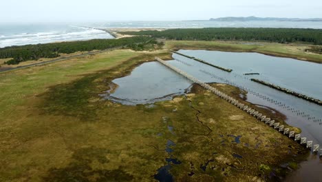 us, oregon, astoria, fort stevens, 2025-03-21 - drone view of the columbia river at the pacific ocean. this old railroad trestle from the early 1900's was used to build the rock jetty.
