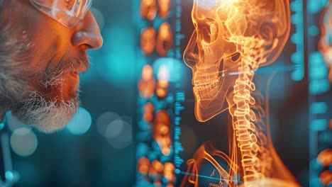 medical professional examining advanced digital skeleton scan