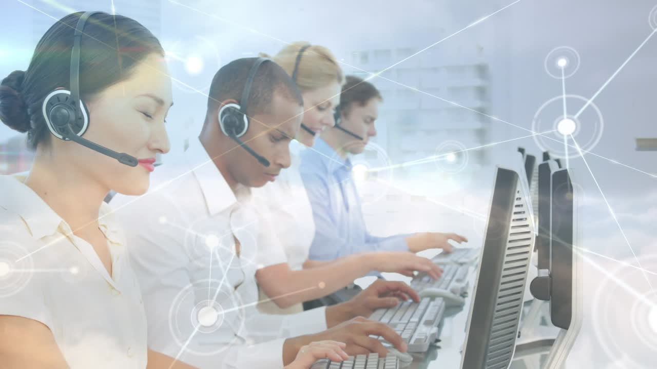 전화 헤드 ⁇ 을 착용 한 사업가 들 을 통한 연결 네트워크 의 애니메이션