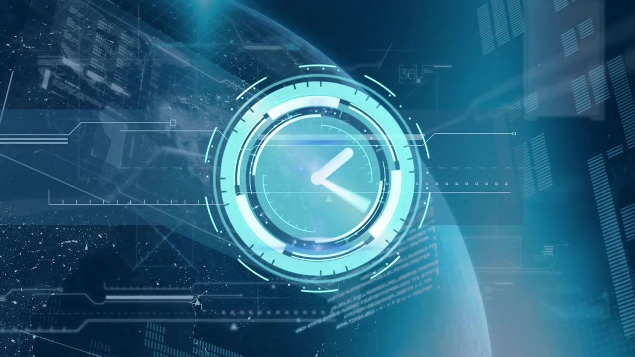 Animation of clock moving over globe, connections and data processing on blue background