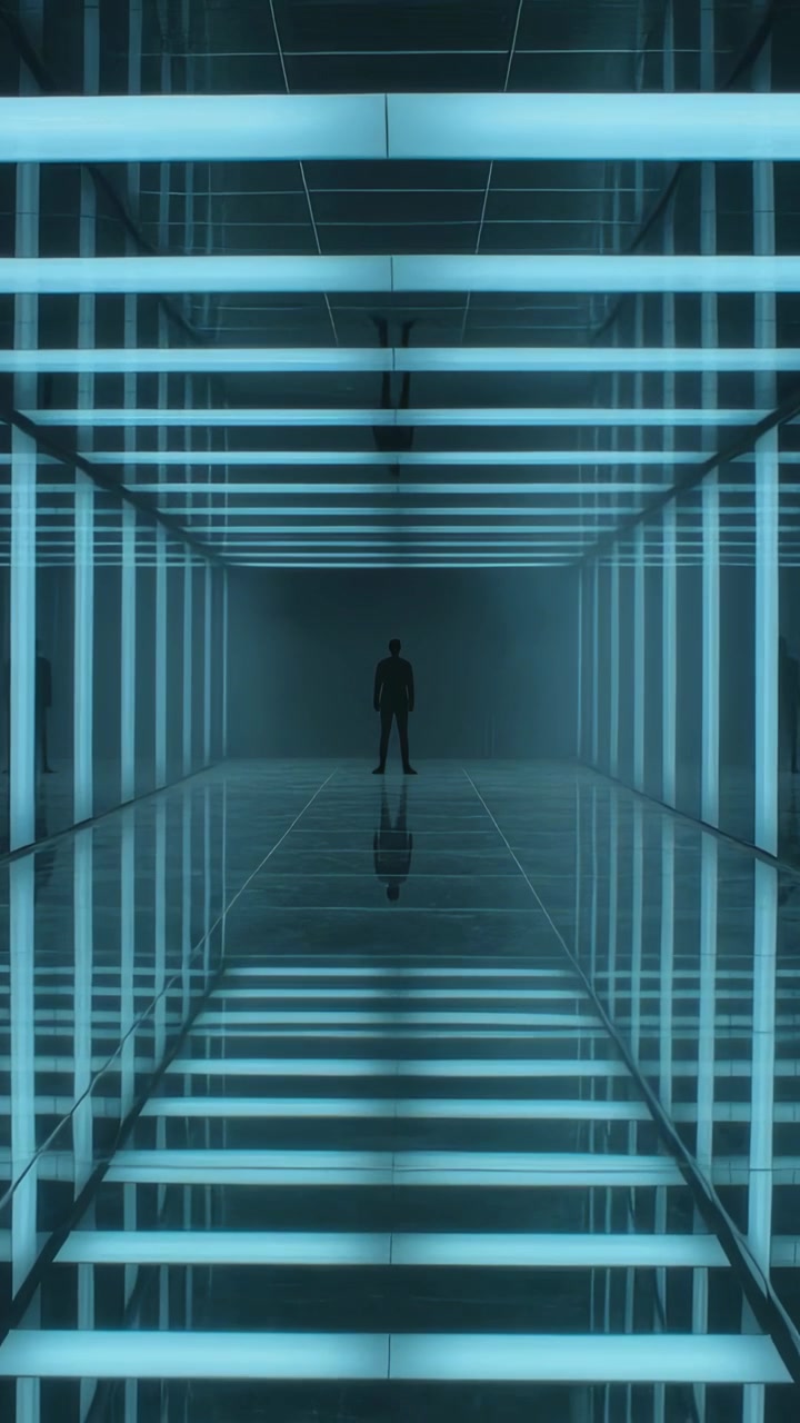 Vertical video: Filming camera capturing man in dark suit in hall, LED reflections showing depth