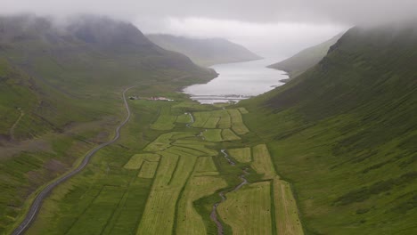 Drone-shot-of-green-field-wíth-fjord-and-mountains-during-dark-cloudy-day-in-Sugandafjordur,-Iceland