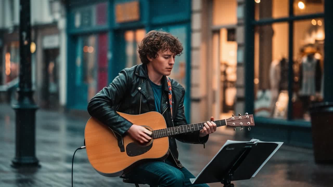 Young Street Musician Playing Acoustic Guitar on a Rainy City Street