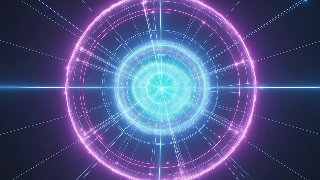 Charging energy construct pulsing stabilizing at dark void center with cyan core, rings, grid, beam