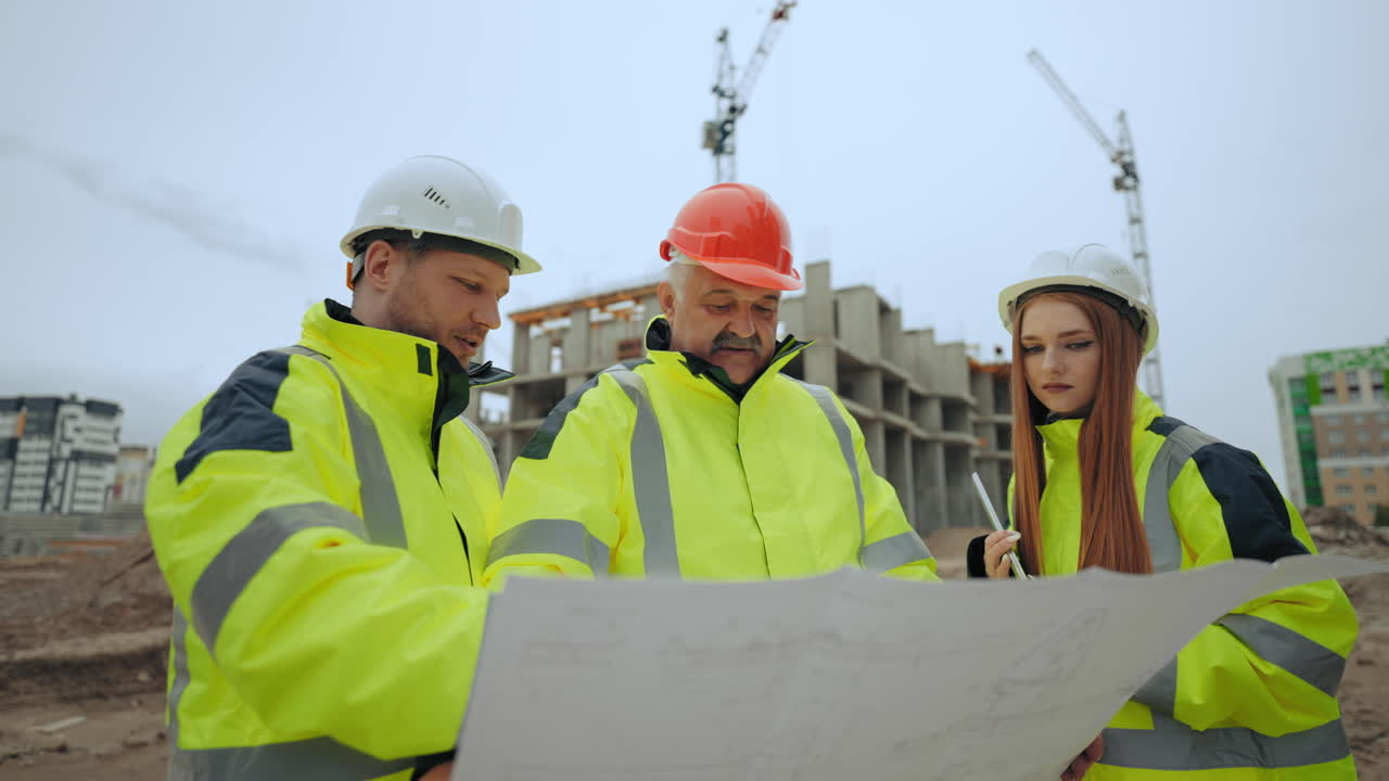 inspección de construcción en el área de construcción moderna dos hombres y una mujer están viendo el plan y discutiendo