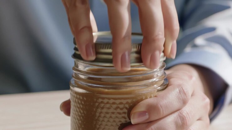 Gripping metal ring, man wearing light blue shirt twisting jar on tabletop, revealing brown spread