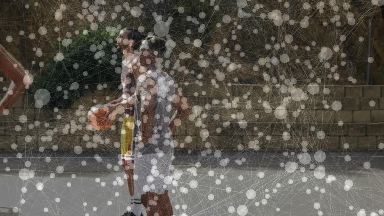 Shooter releasing basketball, trying to score, camera tracking arc into hoop, speckles obscuring