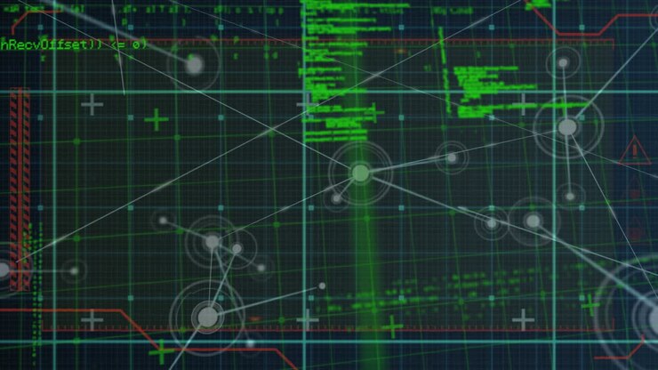 Animation of network of connections over data processing on black background
