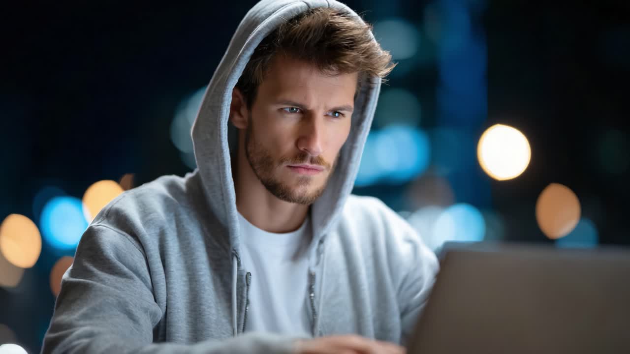 Konzentrierter junger Mann mit Kapuzenpullover arbeitet spät in der Nacht an einem Laptop, umgeben von verschwommenen Lichtern der Stadt in einem urbanen Umfeld, wodurch eine intensive Atmosphäre entsteht