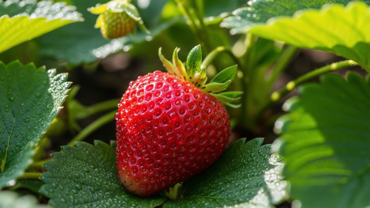 Close-Up of Freshly Harvested Strawberry on Green Leaves, Showcasing Water Droplets and Perfect Ripeness in a Natural Garden Setting