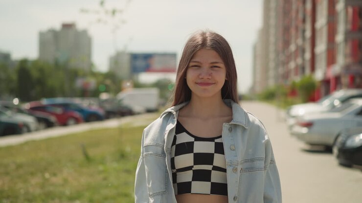Positive teenage girl smiles looking at camera on summer day
