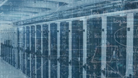 animation of mathematical equations and data processing over server room