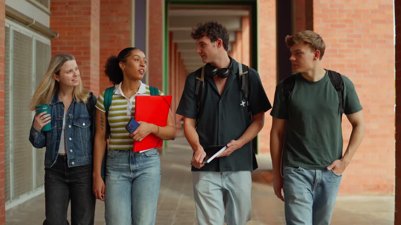 Group of College Students Walking in Corridor