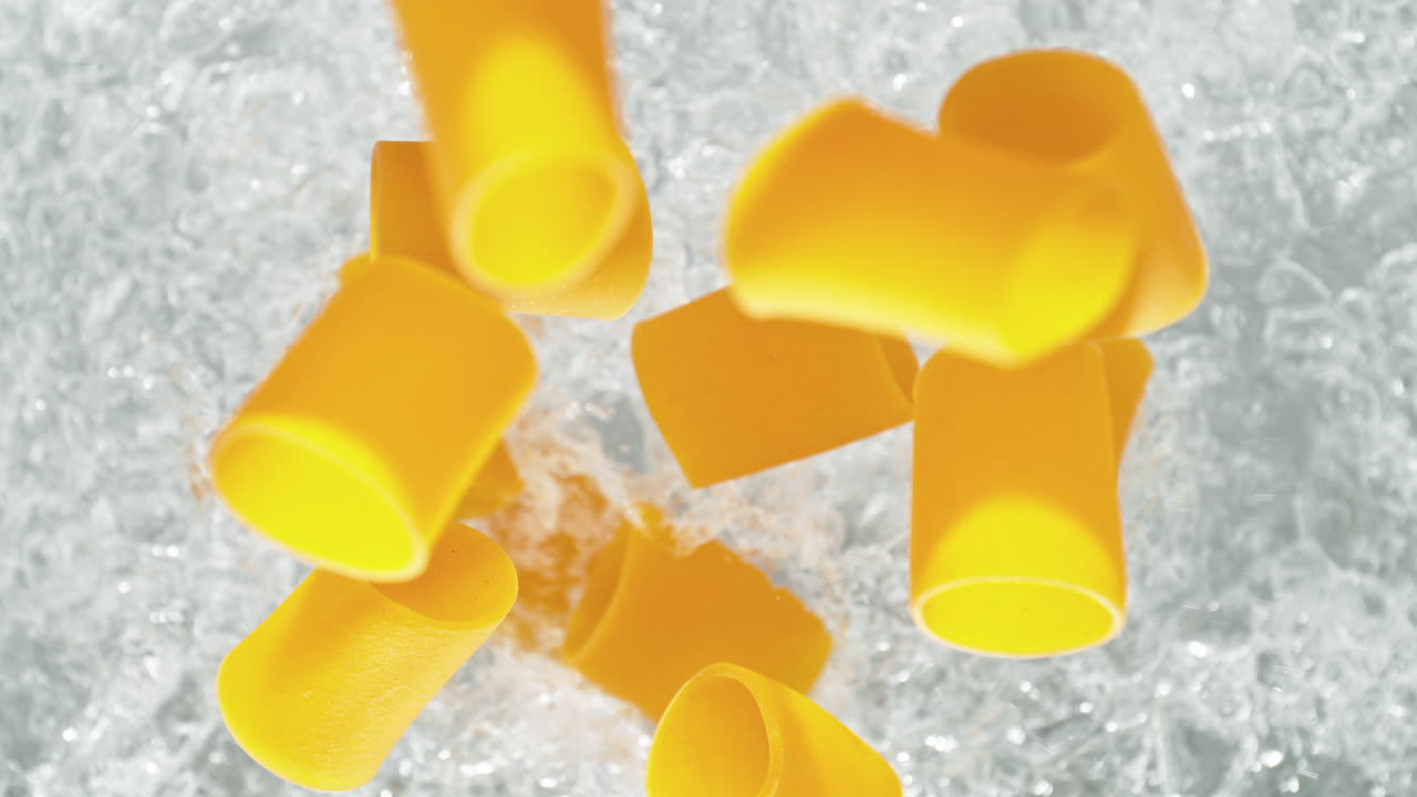 Paccheri Pasta Falling Into Pot Of Boiling Water Making A Splash In Slow Motion, Table Top View