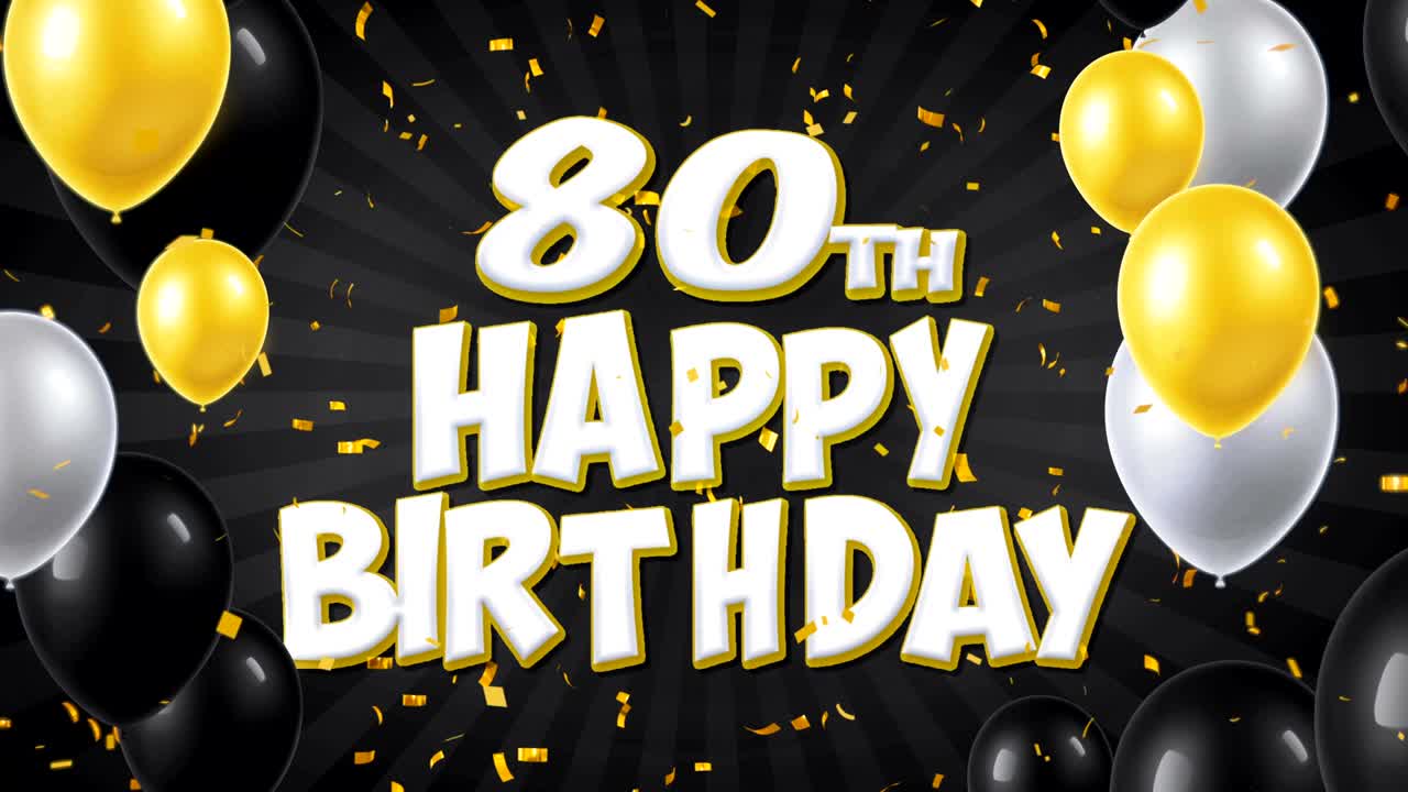 80 cumpleaños feliz texto negro con confeti dorado cayendo y partículas de brillo, coloridos globos voladores animación de bucle sin fisuras para el saludo de regalo, tarjeta de invitación, fiesta, celebración, festival.