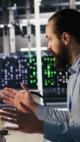 vertical video server farm worker trying to fix hacked equipment systems