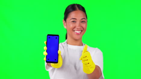 Asian-woman,-cleaner-and-phone-in-thumbs-up