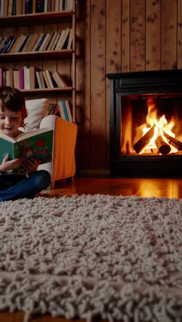 child reading by the fireplace