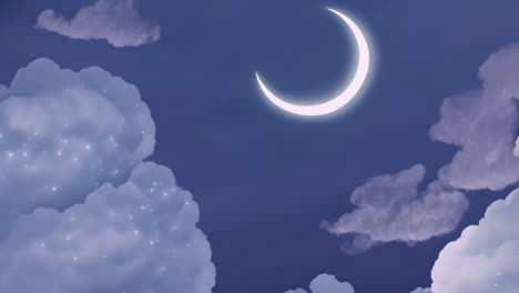 crescent moon and clouds with twinkling stars animation in night sky