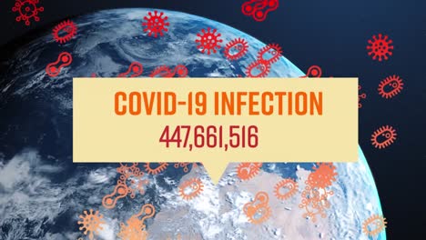 Covid-19-Infektionstext-Mit-Steigenden-Fällen-Gegen-Covid-19-Zellsymbole,-Die-über-Den-Globus-Schweben