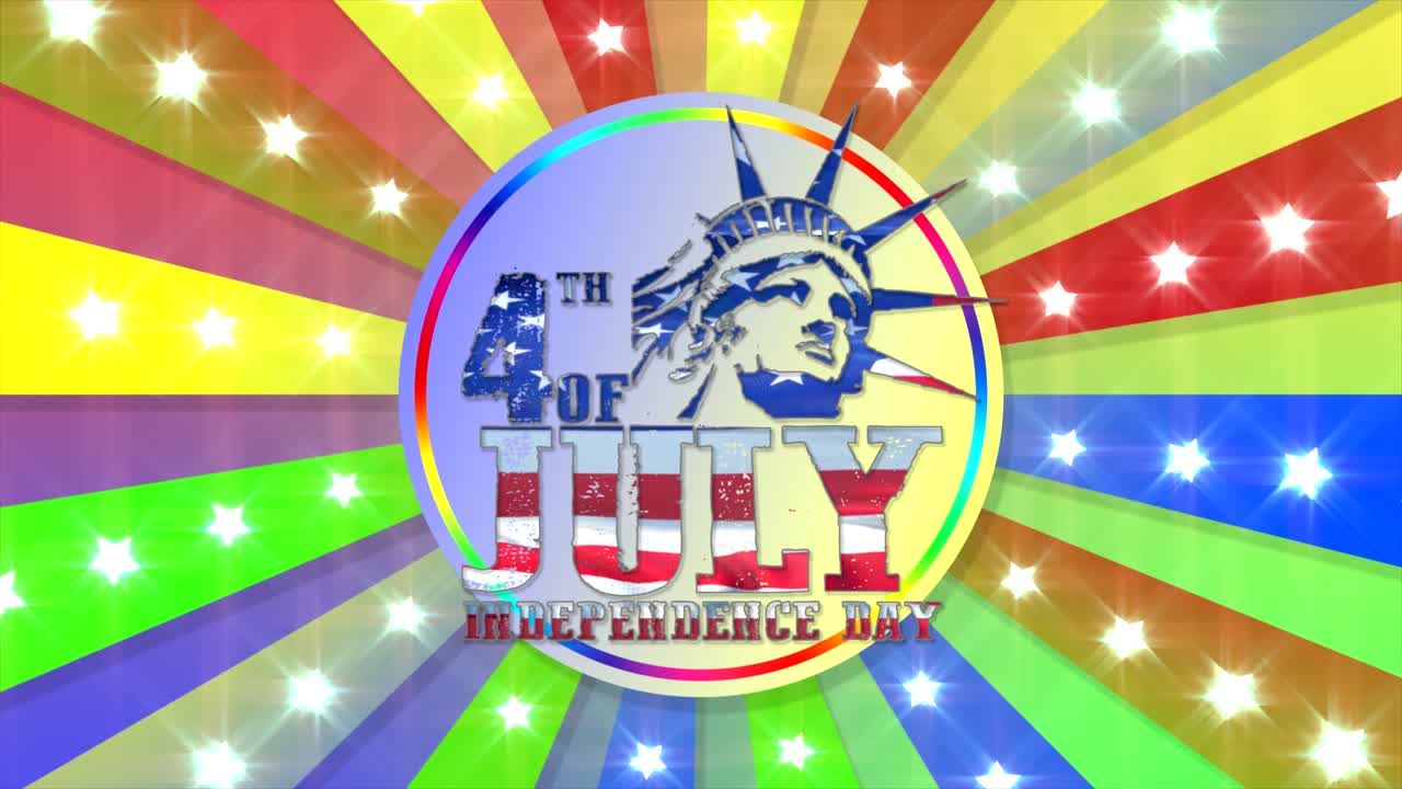 7월 4일을 기념하는 다채롭고 반짝이는 애니메이션 모션 그래픽, 중앙 자유의 여신상 디자인, 애니메이션 스타 스팽글 배너, 무지개 색상