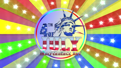 colorful, glittering, animated motion graphic celebrating the 4th of july, with central statue of liberty design, incoporating animated star spangled banner, in rainbow colors