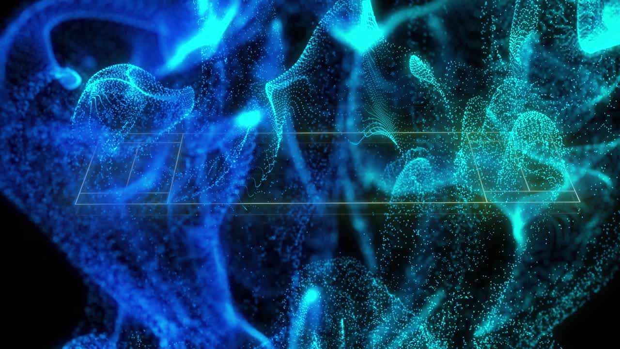 검은색 배경에 네온 럭비 피치 레이아웃을 통해 반이는 파란색 디지털 파동의 애니메이션