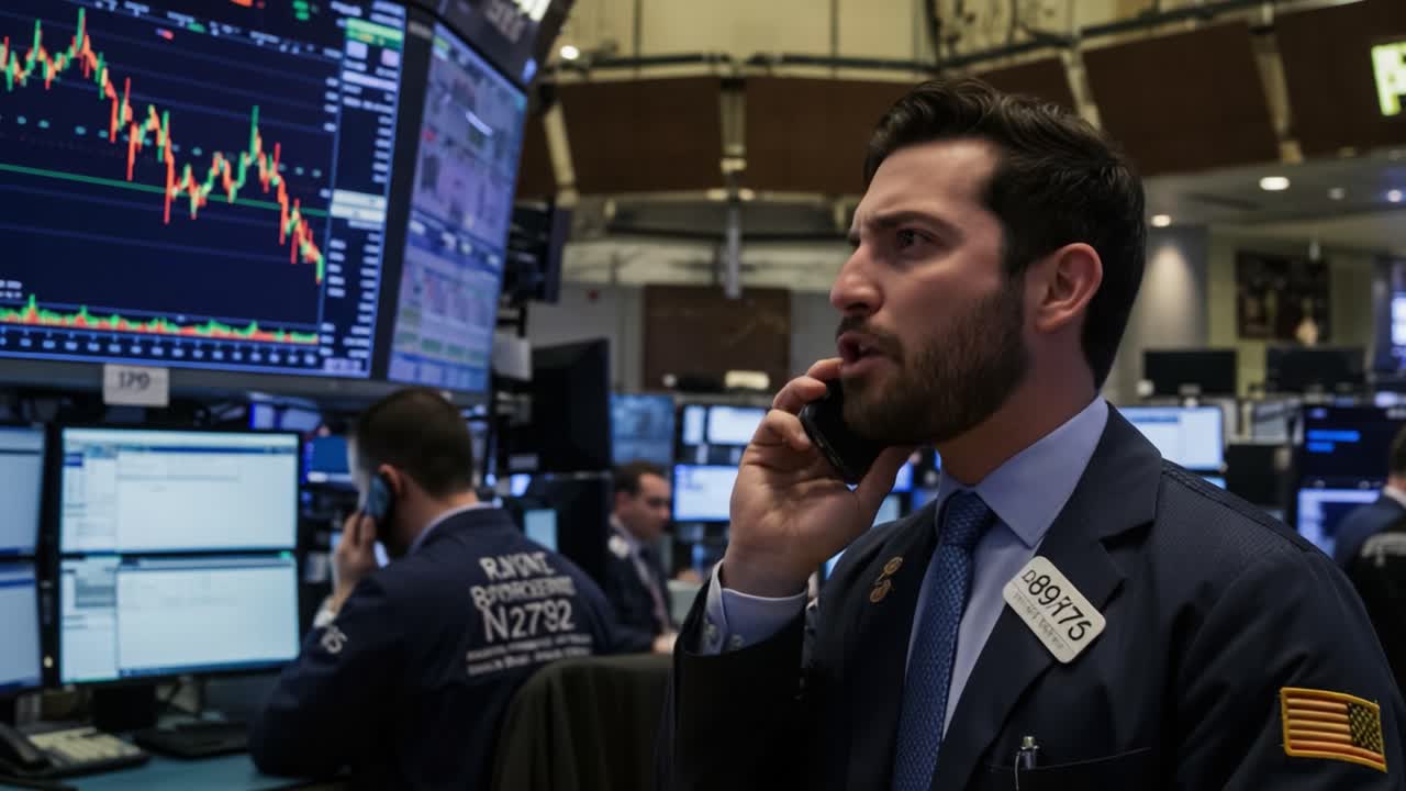 Intenso trading di mercato: Un agente di borsa impegnato in comunicazioni ad alto rischio sul floor di negoziazione in un ambiente di trading frenetico.