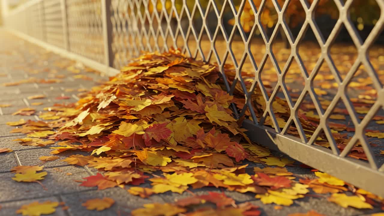 leaves,autumn,fall,colorful,fence,nature,outdoors,scene,golden,orange,red,yellow,pile,landscape,sunlight,season,ground,tranquil,scenery,texture,view,park,tree,woodland,floor,fresh,warm,vibrant,peaceful,pastoral,rural,serene,shadows,scattered,natural,ecosystem,beauty,forest,path,ambient,breeze