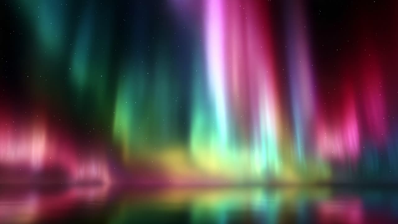 Breathtaking Aurora Borealis: A Vibrant Display of Colors Dances Across the Night Sky, Reflecting on Calm Waters Beneath the Starry Atmosphere of Nature's Light Show