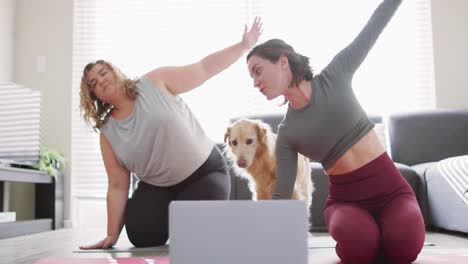 pareja de lesbianas caucásicas manteniéndose en forma y estirándose en el tapete de yoga