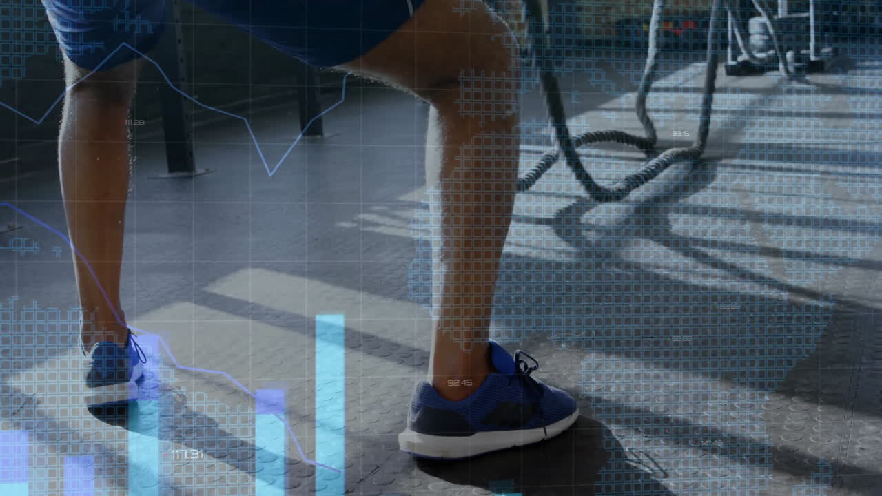 체육관에서 전투 로프를 사용하는 사람에 대한 운동 데이터 분석 애니메이션