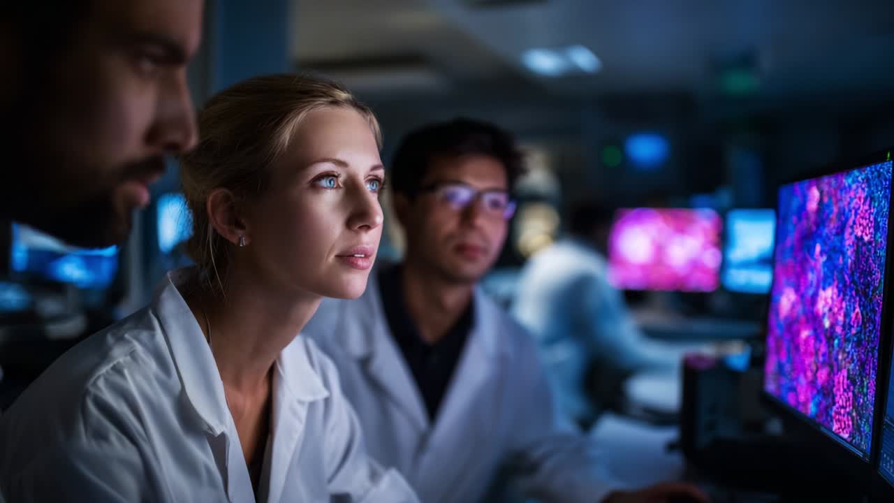 Focused scientists analyzing data on computer screens in a high-tech laboratory, illustrating collaboration and research in a vibrant environment showcasing advanced technology and colorful visuals