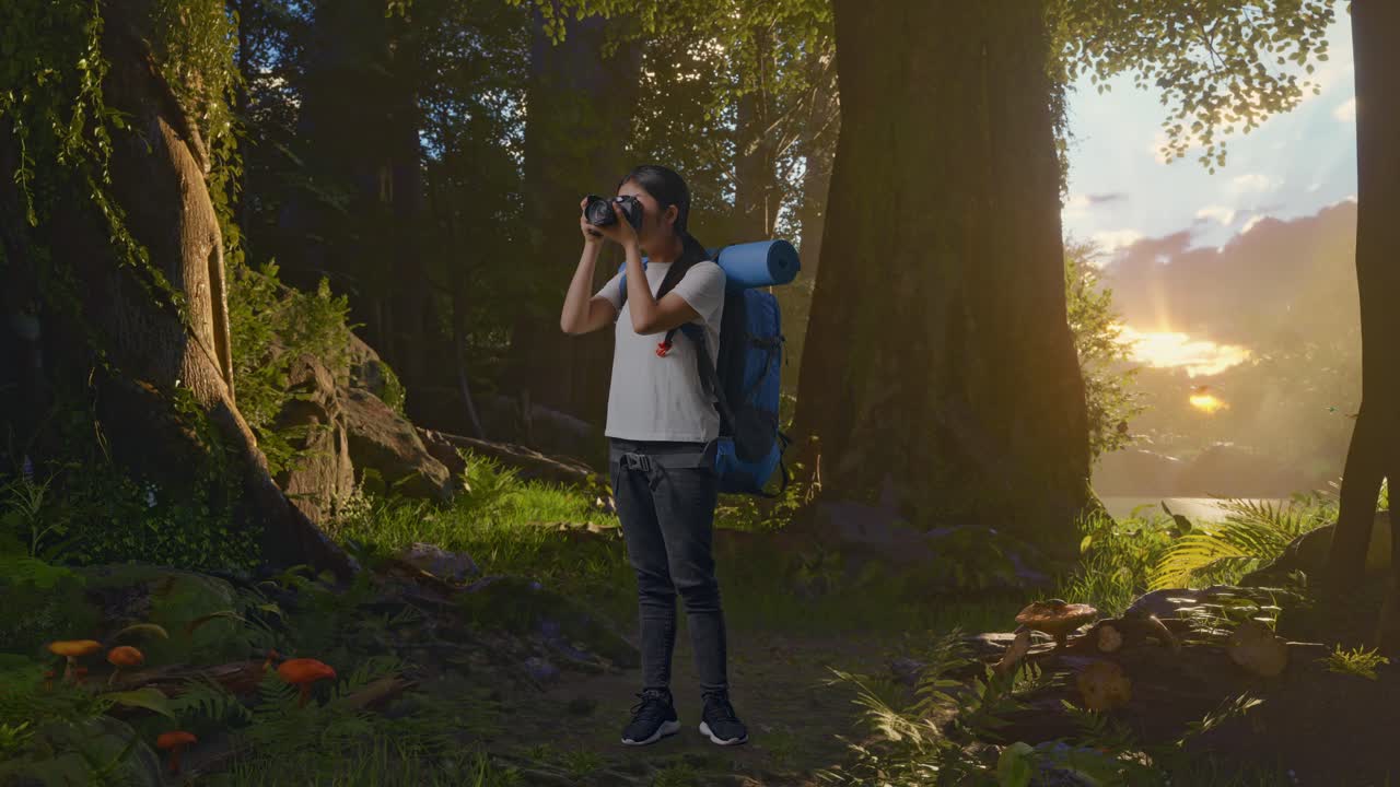 cuerpo lleno de excursionista femenina asiática con mochila de montañismo usando una cámara tomando fotos mientras explora la naturaleza del bosque