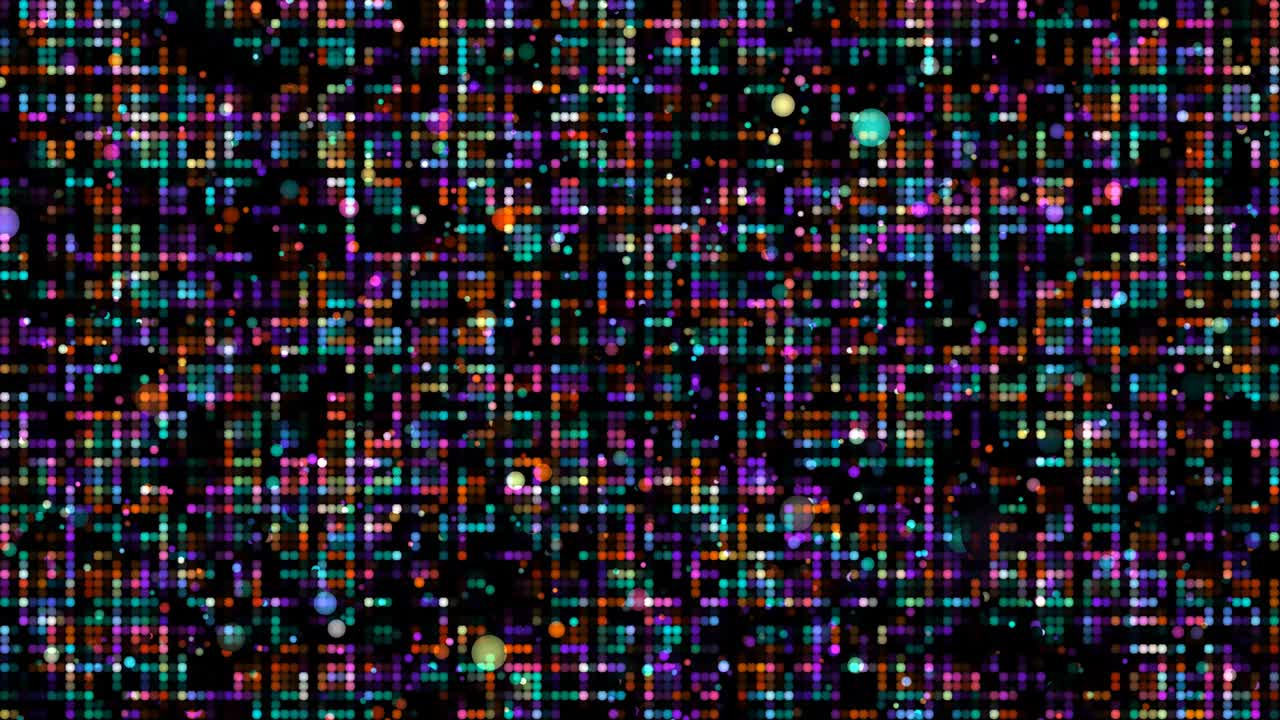 animación abstracto rojo naranja amarillo violeta aqua azul pequeño punto partículas de luz patrón de bola forma de onda oscilación, visualización tecnología de onda fondo de superficie digital