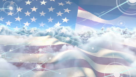 animation of networks of connections with icons over american flag and sky