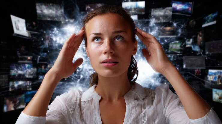 Una donna sopraffatta dalle emozioni si trova in un ambiente digitale futuristico pieno di immagini e video fluttuanti, che mostrano la complessità del moderno sovraccarico di informazioni in modo visivamente accattivante