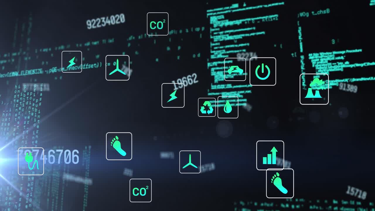 검은색 배경에 컴퓨터 언어를 통해 숫자를 변경하는 여러 아이콘의 애니메이션