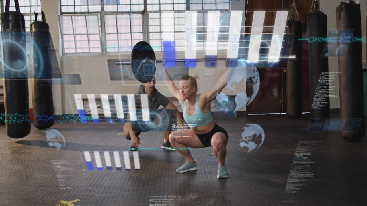 Athlete pressing barbell overhead in gym, coach spotting as data graphics track movement stability